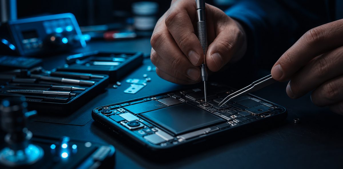 Técnico de Cadena Cell reparando un teléfono con herramientas de precisión
